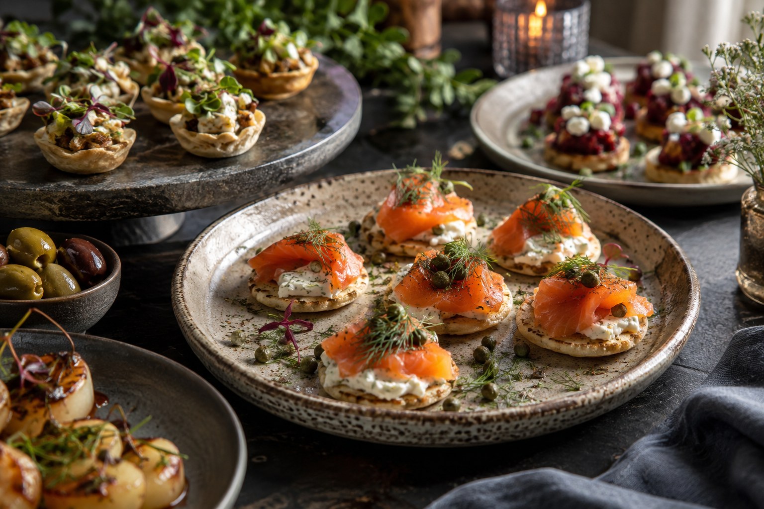 A selection of beautifully presented canapés and fresh herbs on catering platters